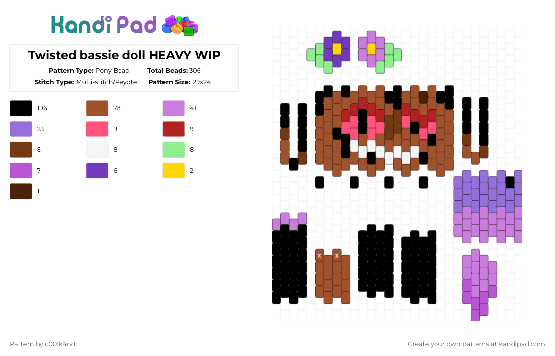 Twisted bassie doll HEAVY WIP - Pony Bead Pattern by c00lk4nd1 on Kandi Pad - red,pink,bassie,spring,flowers,dandys world,dw,basket,twisted,purple