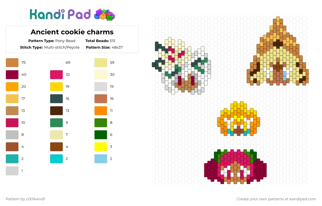 Ancient cookie charms - Pony Bead Pattern by c00lk4nd1 on Kandi Pad - yellow,orange,pink,crk,cookie,souljam,jam,ancient