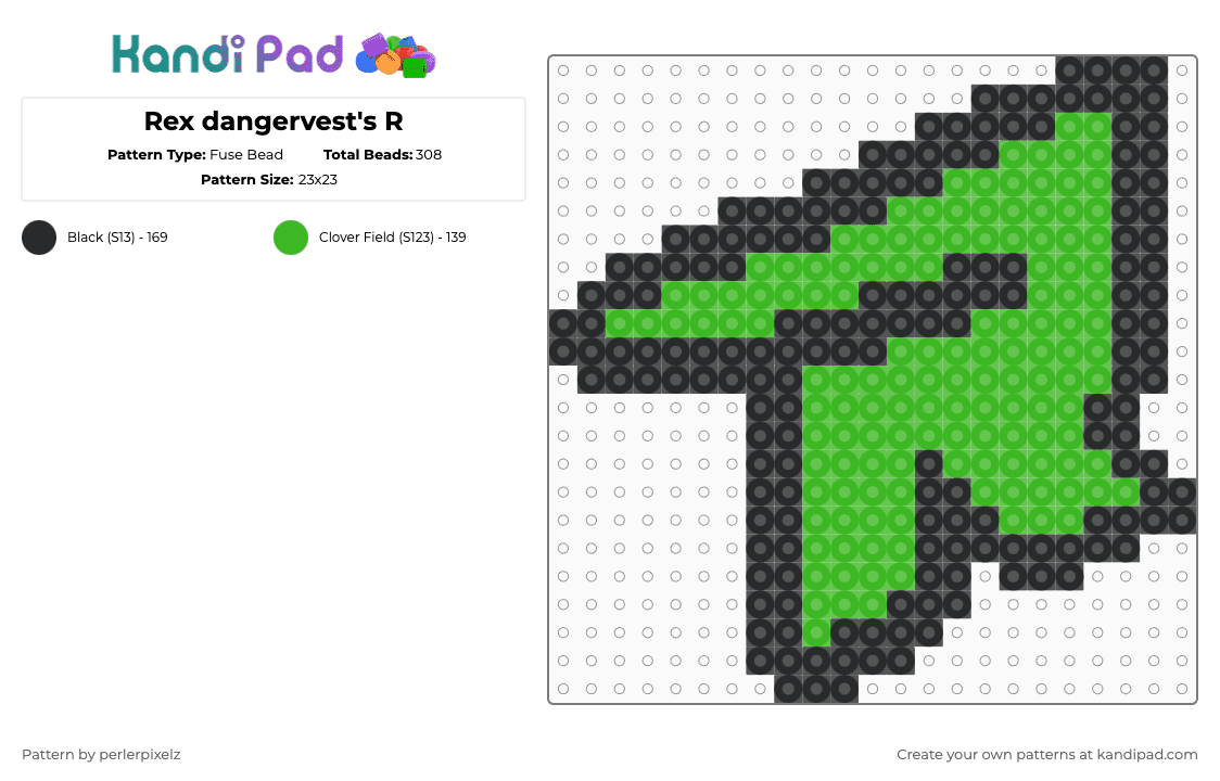 Rex dangervest\'s R - Fuse Bead Pattern by sage054 on Kandi Pad - black,green,small,easy,lego movie 2,rex dangervest,movie,logo