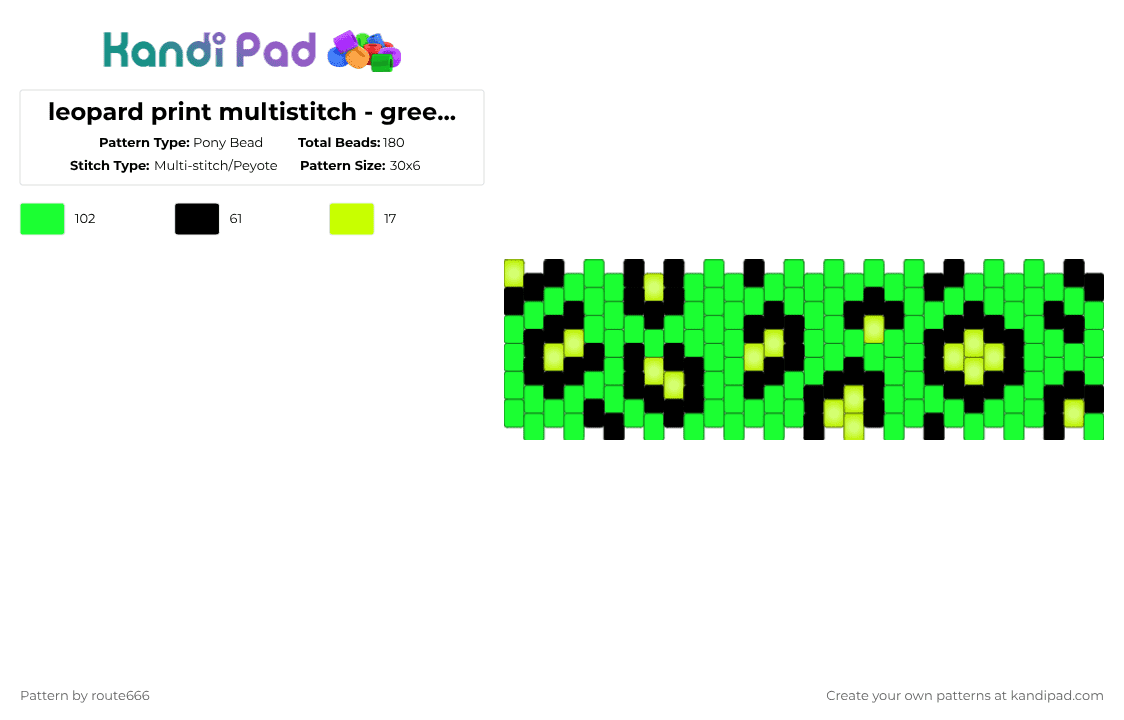 leopard print multistitch - green and yellow - Pony Bead Pattern by route666 on Kandi Pad - green,leopard,leopardprint,multistitch,cuff,yellow,pattern