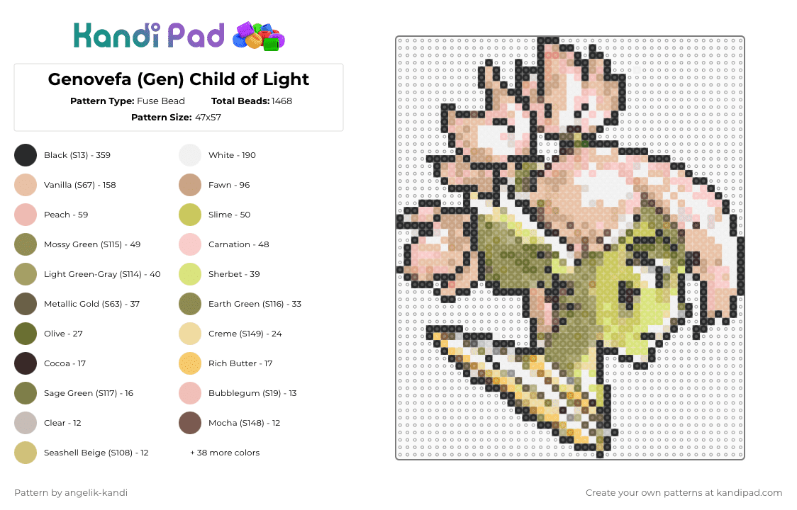 Genovefa (Gen) Child of Light - Fuse Bead Pattern by angelik-kandi on Kandi Pad - beige,gold,pink,green,childoflight,child of light,large,video game,game