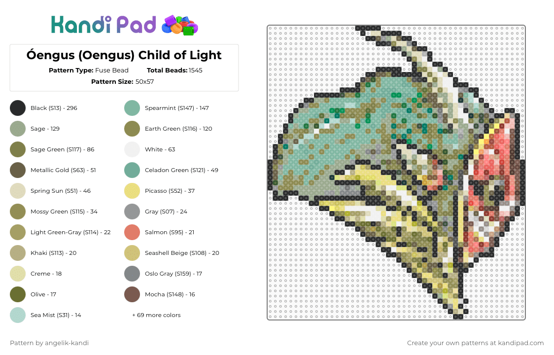 Óengus (Oengus) Child of Light - Fuse Bead Pattern by angelik-kandi on Kandi Pad - tan,gold,teal,colorful,green,red,yellow,childoflight,videogame,child of light,large,large pattern