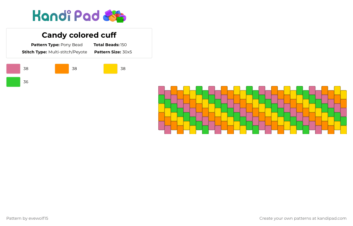 Candy colored cuff - Pony Bead Pattern by evewolf15 on Kandi Pad - pink,orange,yellow,green