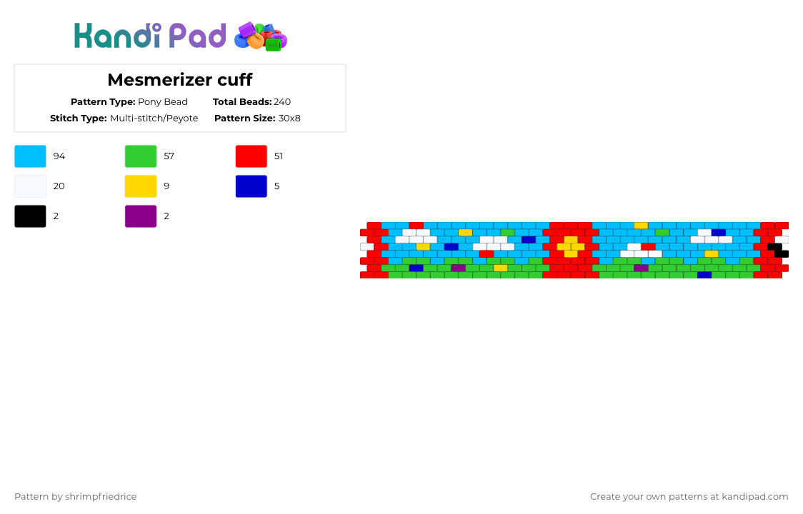 Mesmerizer cuff - Pony Bead Pattern by shrimpfriedrice on Kandi Pad - red,green,light blue,miku,teto,mesmerizor,vocaliod,music