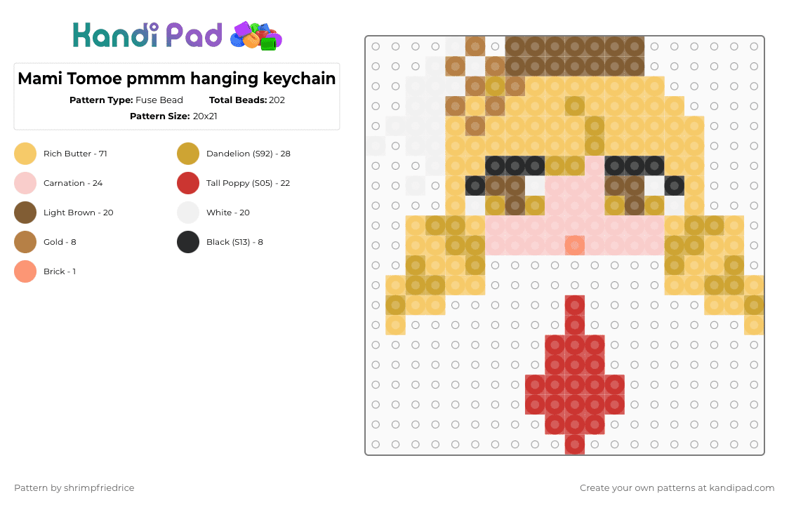 Mami Tomoe pmmm hanging keychain - Fuse Bead Pattern by shrimpfriedrice on Kandi Pad - yellow,pmmm,madoka magica,mami tomoe,red,magical girl