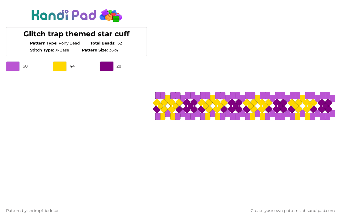 Glitch trap themed star cuff - Pony Bead Pattern by shrimpfriedrice on Kandi Pad - yellow,pink,glitchtrap,fnaf,purple