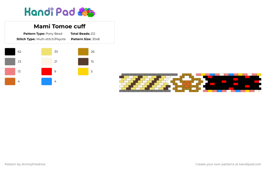Mami Tomoe cuff - Pony Bead Pattern by shrimpfriedrice on Kandi Pad - gold,yellow,red,gray,madoka magica,mami tomoe,anime