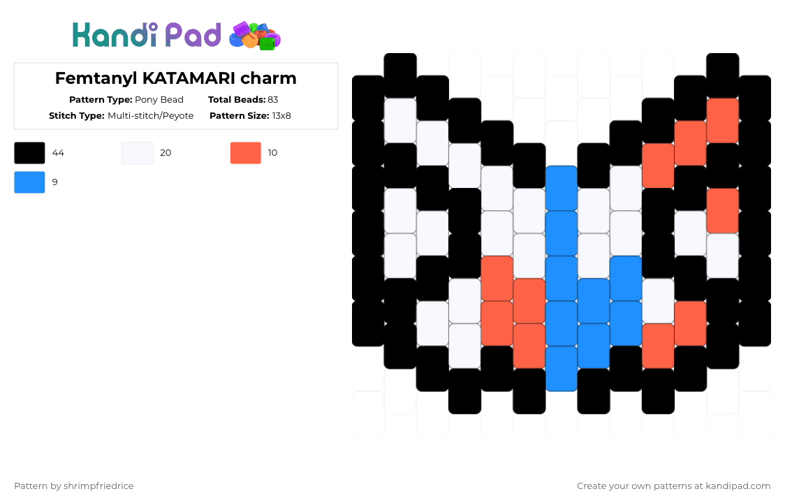 Femtanyl KATAMARI charm - Pony Bead Pattern by shrimpfriedrice on Kandi Pad - red,light blue,femtanyl,katamari