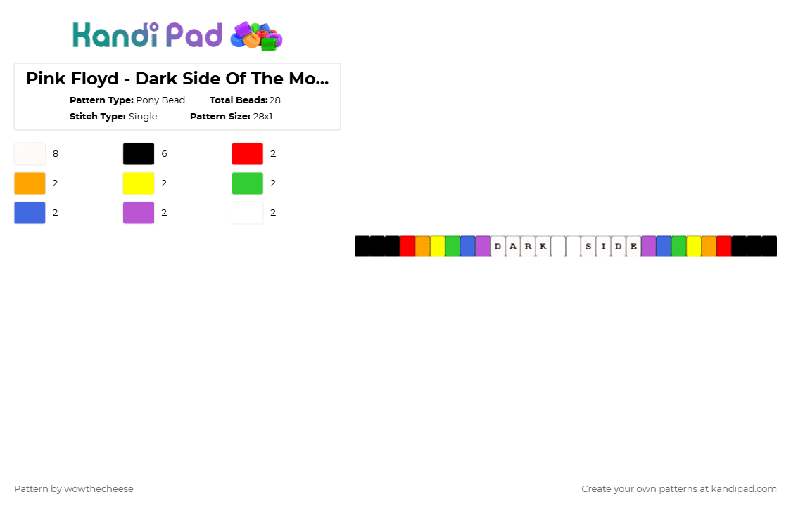 Pink Floyd - Dark Side Of The Moon single bracelet - Pony Bead Pattern by wowthecheese on Kandi Pad - white,orange,green,pink,colorful,music,single,bracelet,pink floyd