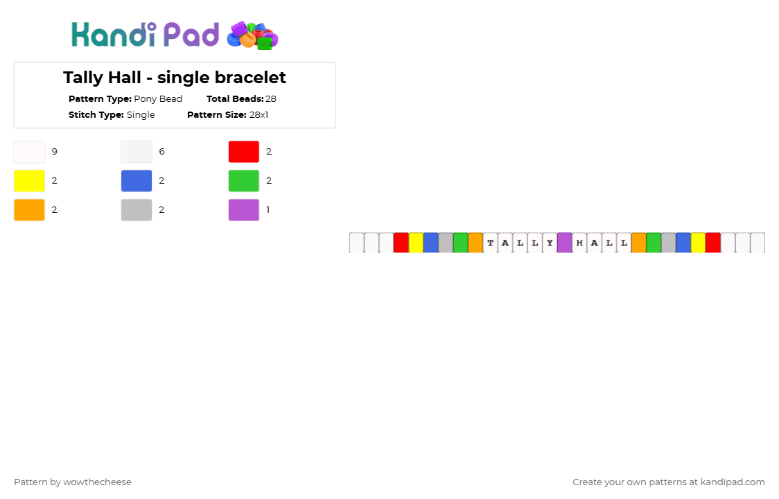 Tally Hall - single bracelet - Pony Bead Pattern by wowthecheese on Kandi Pad - white,yellow,green,beige,colorful,single,bracelet,music,tally hall