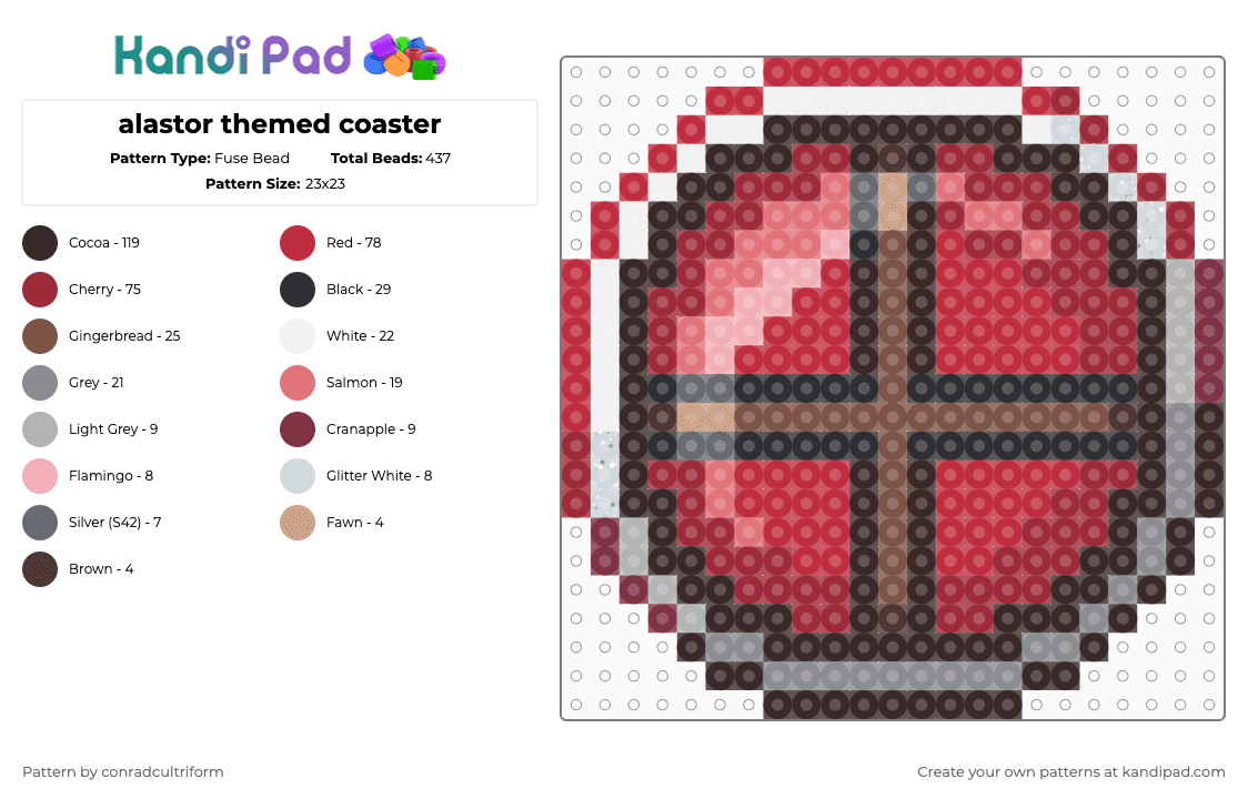 alastor themed coaster - Fuse Bead Pattern by conradcultriform on Kandi Pad - brown,red,cotdkitchen,hazbin hotel,alastor,coaster