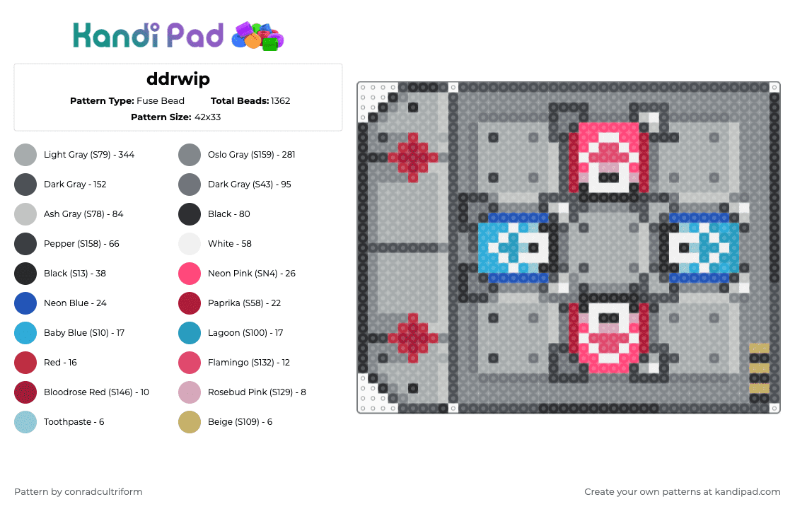 DDR supernova (classic) solo dance pad - Fuse Bead Pattern by conradcultriform on Kandi Pad - gray,ddr,dance dance revolution,ddr supernova,supernova,video game,game