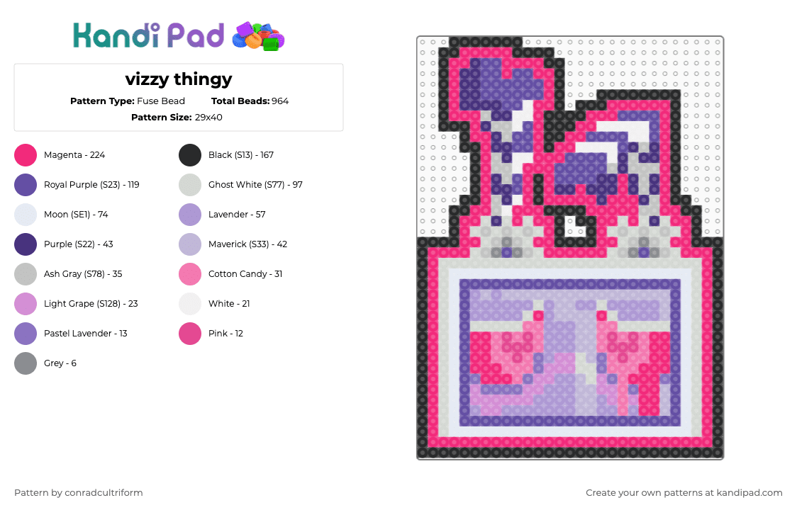 vizzy thingy - Fuse Bead Pattern by conradcultriform on Kandi Pad - pink,purple,hazbin hotel,hazbin,hh,vox,valentino,val,vees,voxtek