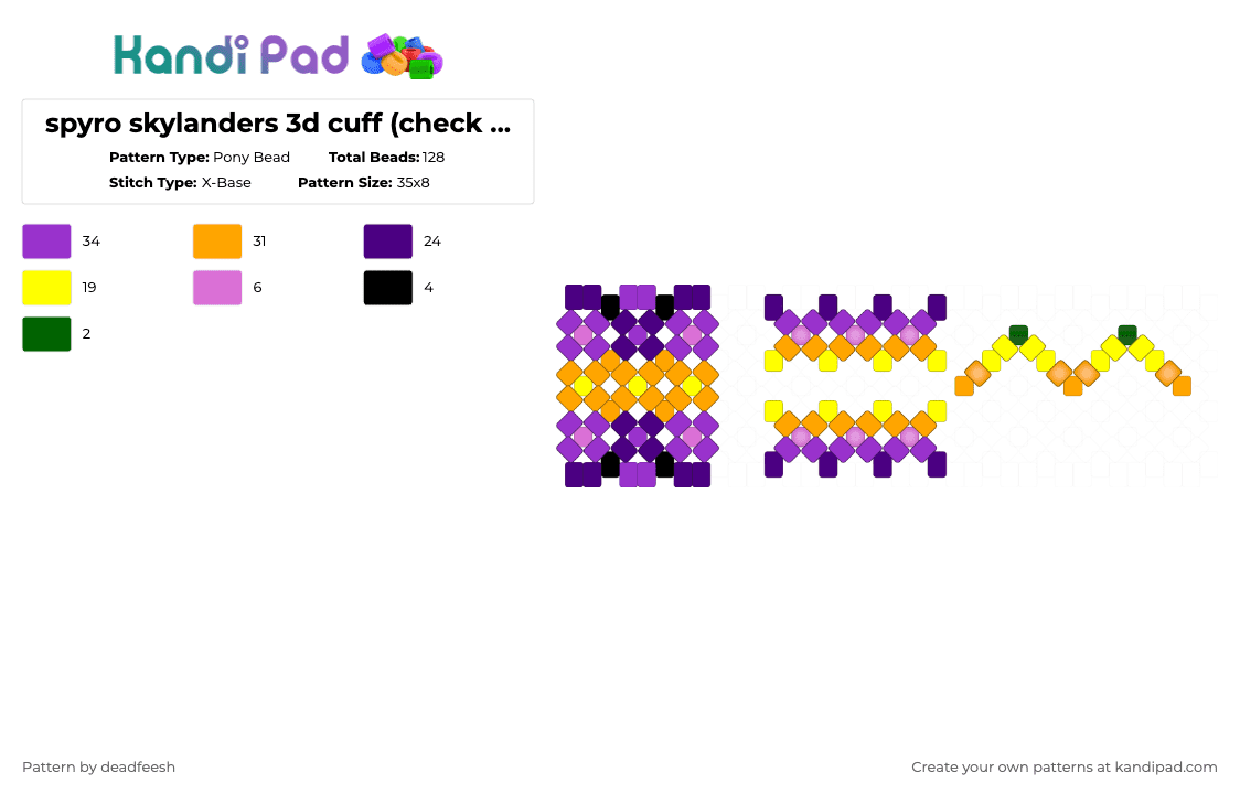 spyro skylanders 3d cuff (check desc) - Pony Bead Pattern by conradcultriform on Kandi Pad - purple,orange,cotddragons,spyro,dragon,skylanders,yellow