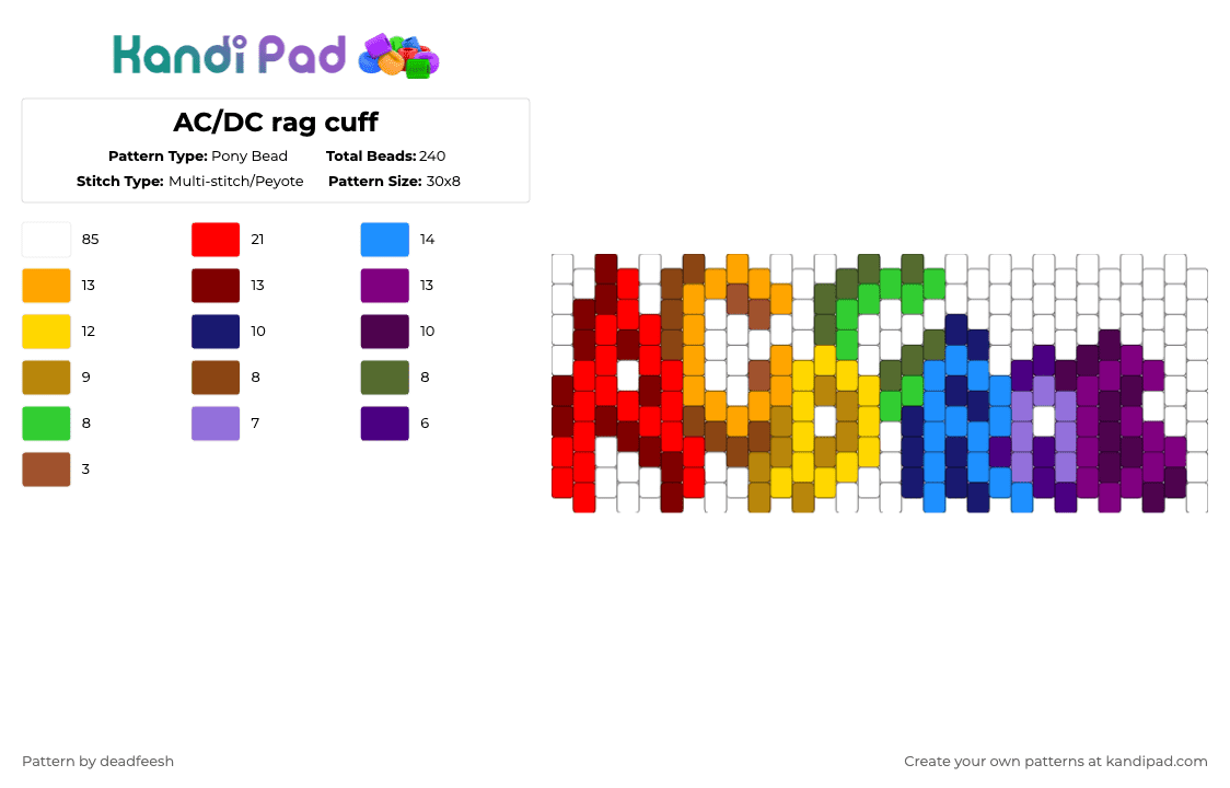 AC/DC rag cuff - Pony Bead Pattern by conradcultriform on Kandi Pad - white,red,purple,colorful,acdc rag,acdc,harajuku,vkei,tenshi kaiwai,yume kawaii