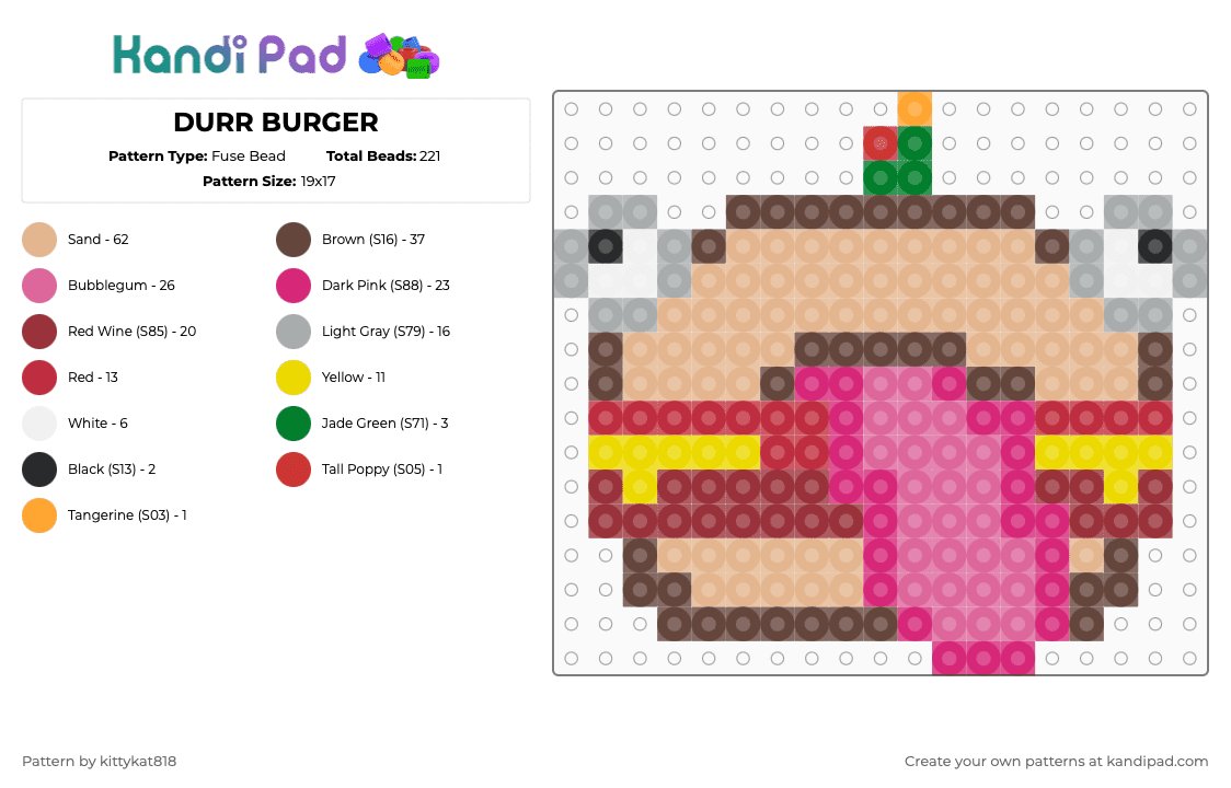 DURR BURGER - Fuse Bead Pattern by kittykat818 on Kandi Pad - brown,pink,red,beige