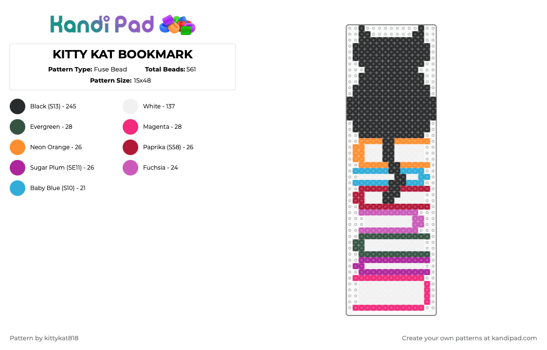 KITTY KAT BOOKMARK - Fuse Bead Pattern by kittykat818 on Kandi Pad - black,white,pink
