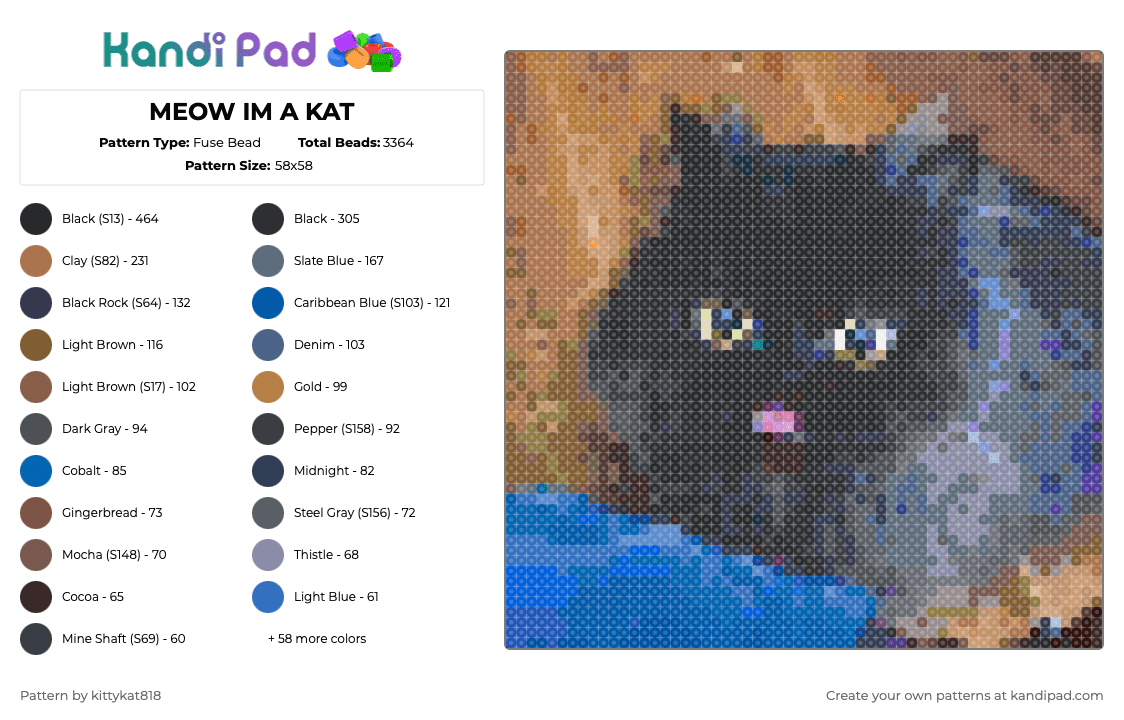 MEOW IM A KAT - Fuse Bead Pattern by kittykat818 on Kandi Pad - tan,gray,blue,purple,colorful