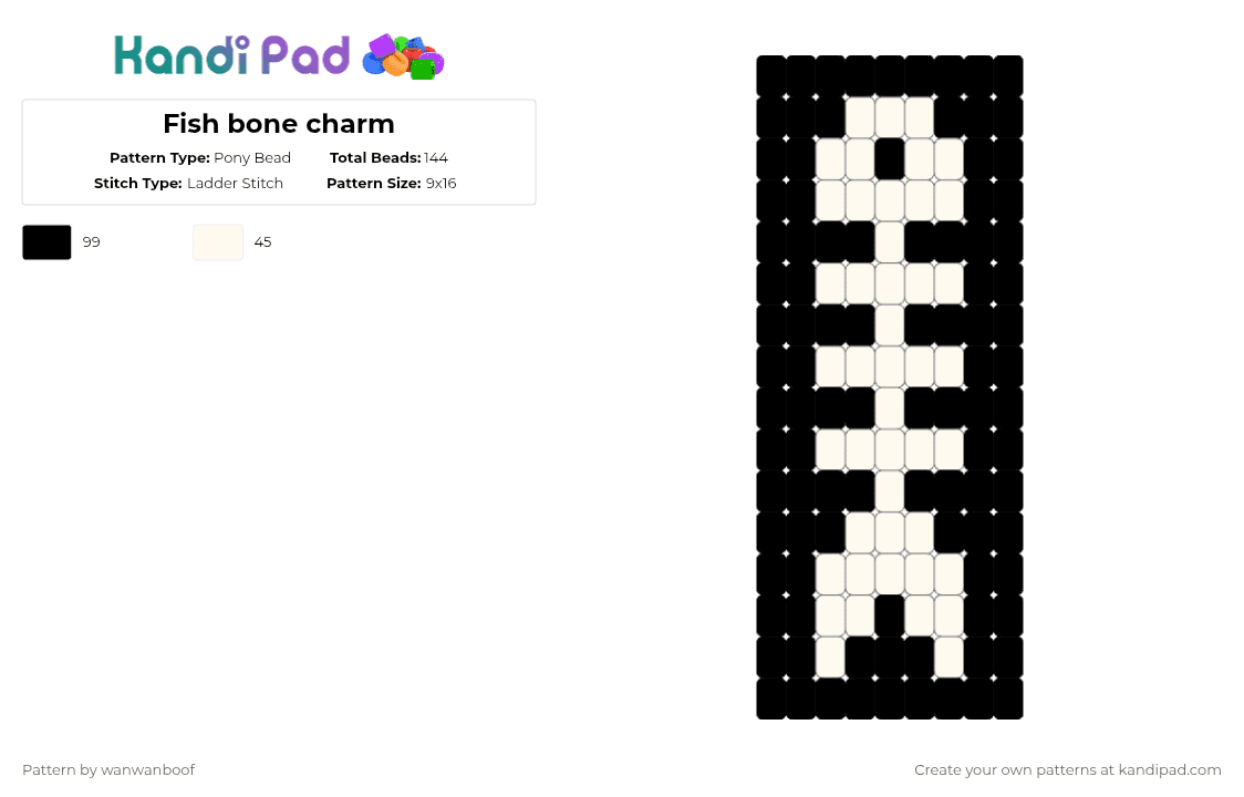 Fish bone charm - Pony Bead Pattern by wanwanboof on Kandi Pad - white,black,fish,bone,skeleton,cuff,charm,flat,easy,grunge