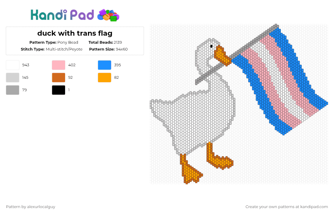 duck with trans flag - Pony Bead Pattern by alexurlocalguy on Kandi Pad - white,light blue,pink