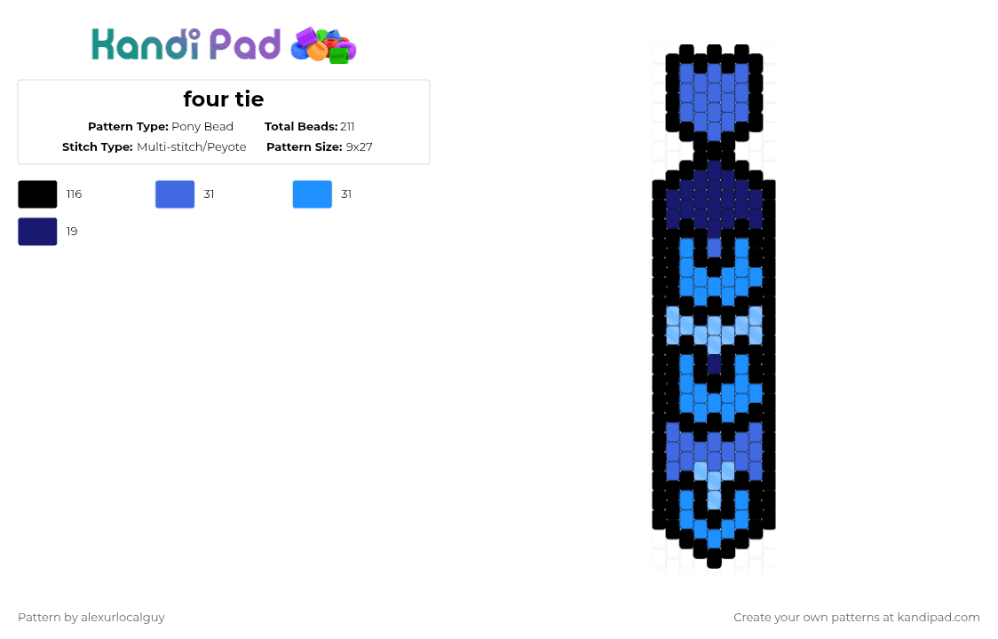 four tie - Pony Bead Pattern by alexurlocalguy on Kandi Pad - black,blue,light blue