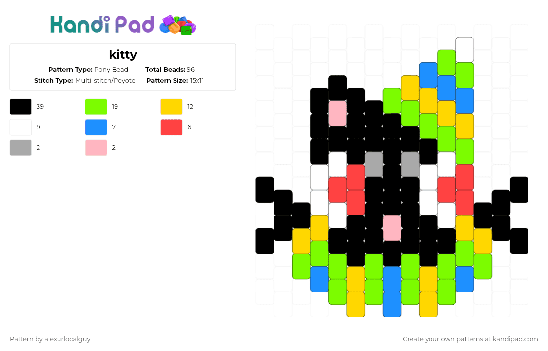 kitty - Pony Bead Pattern by alexurlocalguy on Kandi Pad - green,yellow