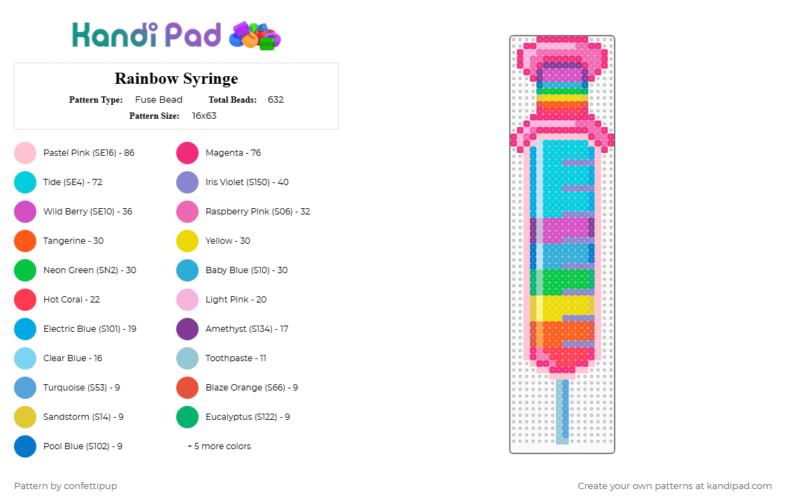 Rainbow Syringe - Fuse Bead Pattern by confettipup on Kandi Pad - pink,light blue,rainbow,syringe,decora