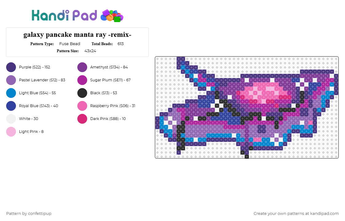 galaxy pancake manta ray -remix- - Fuse Bead Pattern by confettipup on Kandi Pad - purple,pink,food,animals,manta ray,pancake,galaxy,stars,ocean,space