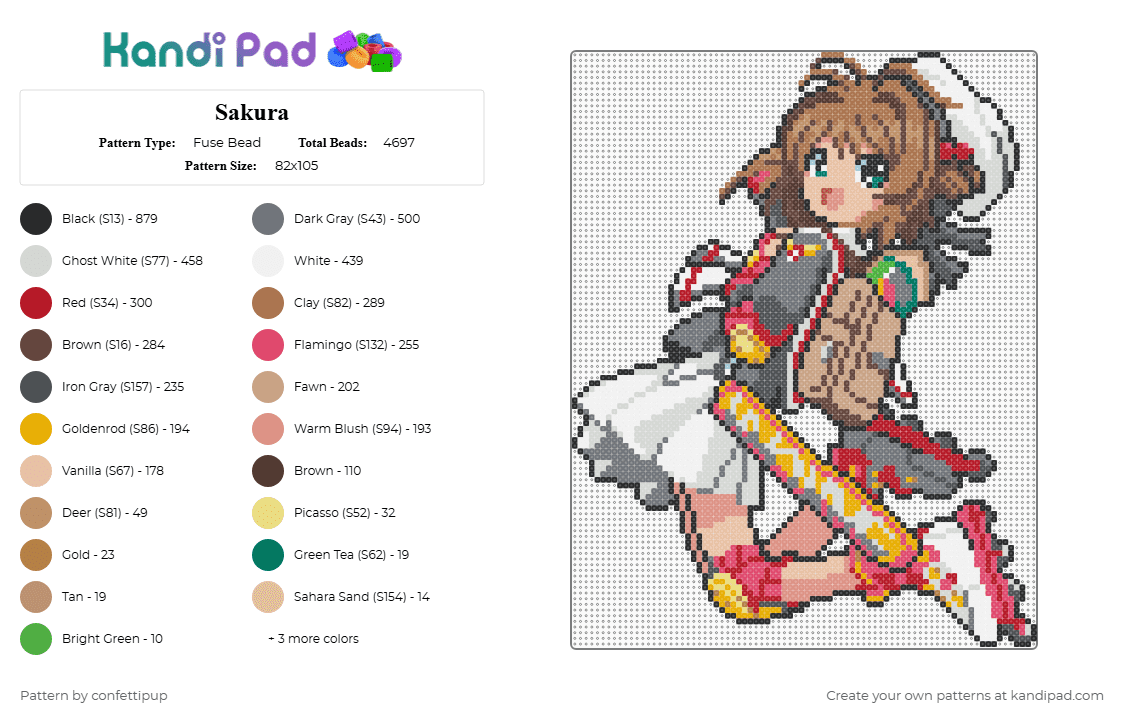 Sakura - Fuse Bead Pattern by confettipup on Kandi Pad - brown,gray,beige,colorful,card captor sakura,sakura,anime,anime girl,shoujo,kawaii,roller skates,character