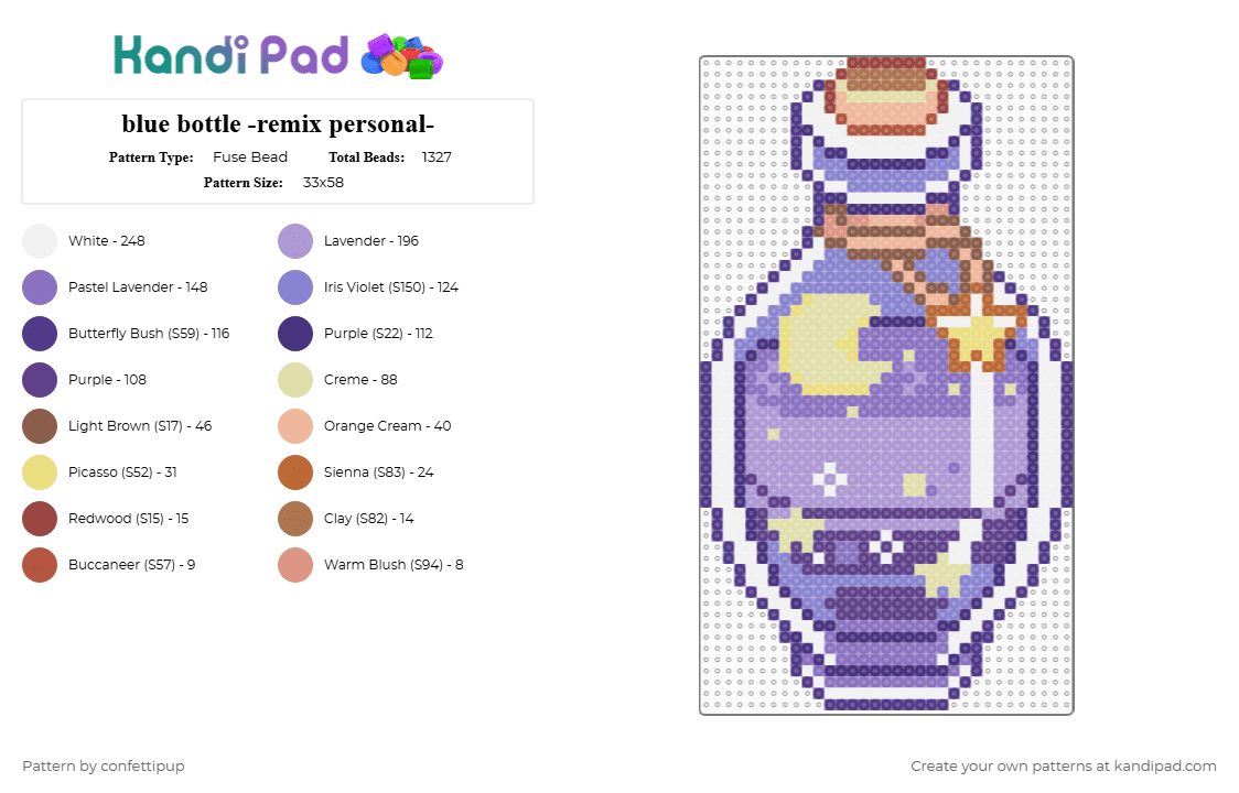blue bottle -remix personal- - Fuse Bead Pattern by confettipup on Kandi Pad - purple,blue,pink,jar,stars,object,glass jar,space,potion,liquid