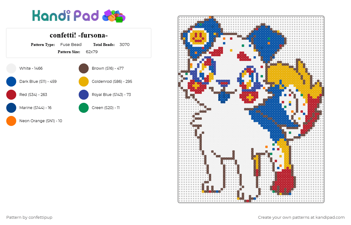 confetti! -fursona- - Fuse Bead Pattern by confettipup on Kandi Pad - white,brown,blue,orange,colorful,animal,furry,fursona,oc,dog,puppy,kidcore,clowncore