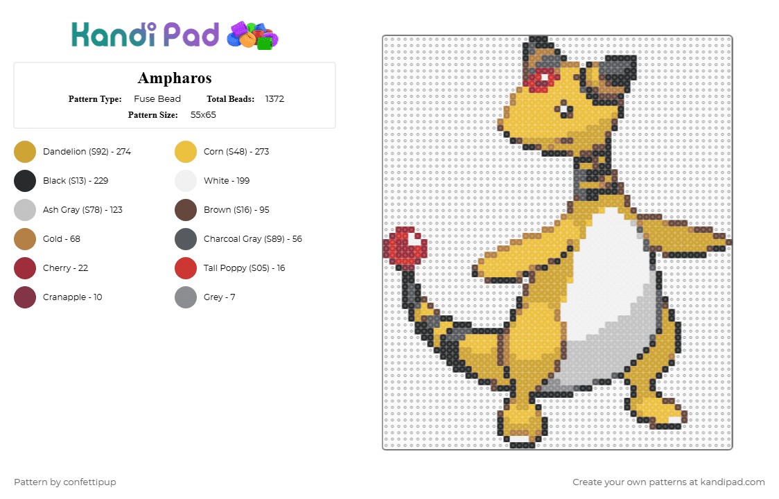 Ampharos - Fuse Bead Pattern by confettipup on Kandi Pad - orange,yellow,beige,ampharos,pokemon,character,video games,monster,cute,kawaii,animal