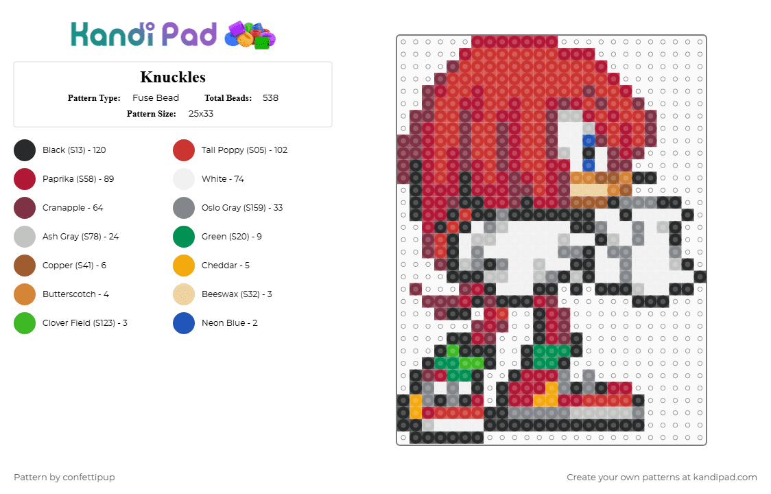 Knuckles - Fuse Bead Pattern by confettipup on Kandi Pad - brown,red,knuckles,knuckles the echidna,sonic,echidna,video games,game character,fists