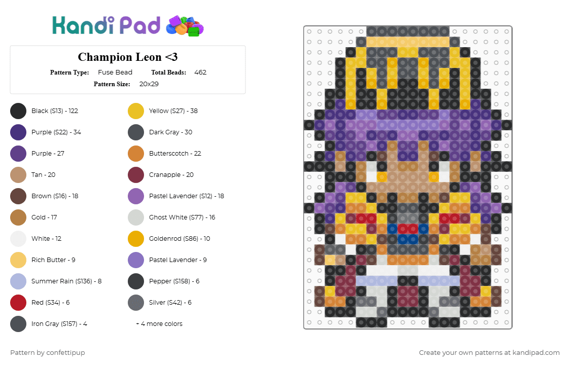 Champion Leon - Fuse Bead Pattern by confettipup on Kandi Pad - brown,purple,colorful,leon,pokemon,characters,video games,champion,champion leon,dande,monarch