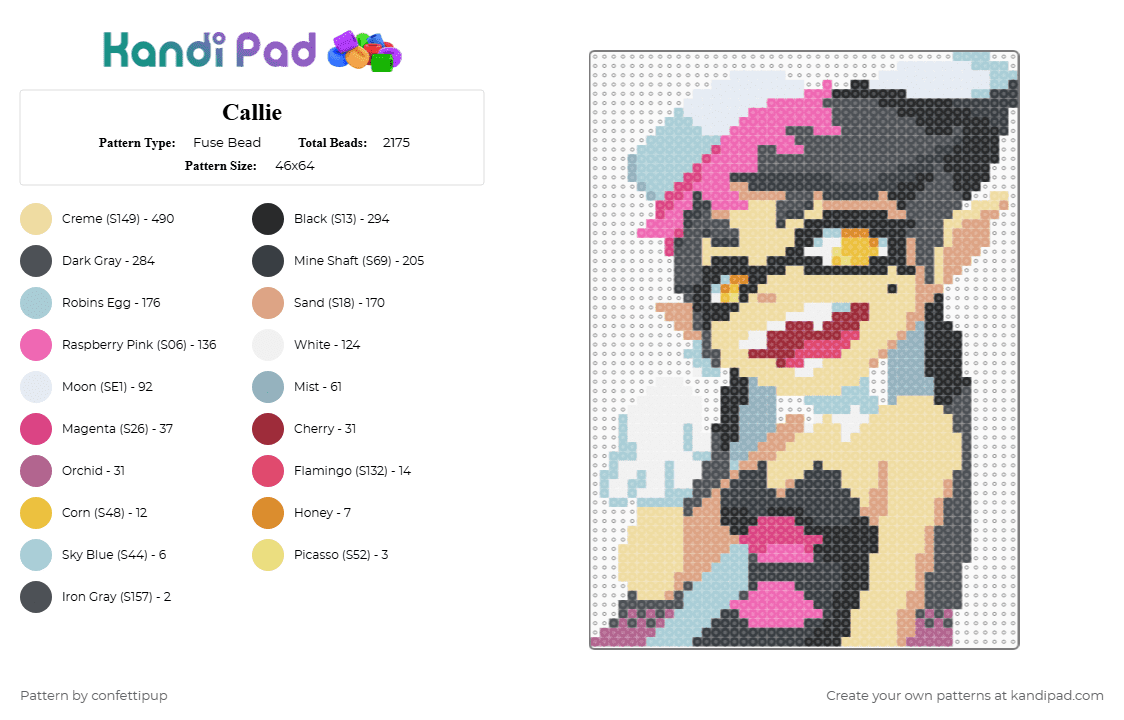 Callie - Fuse Bead Pattern by confettipup on Kandi Pad - gray,beige,light blue,pink,callie,squid,squid sisters,splatoon,nintendo,character,video games