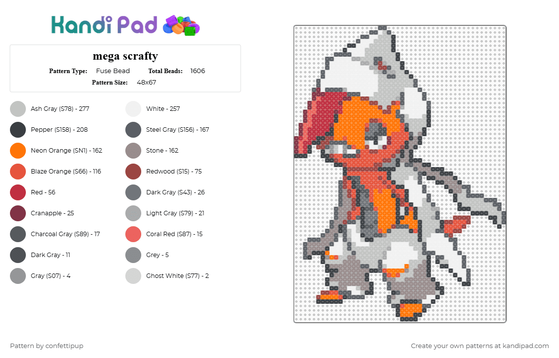 mega scrafty - Fuse Bead Pattern by confettipup on Kandi Pad - gray,red,beige,pokemon,character,mega,scrafty,mega scrafty,video games,orange,gecko