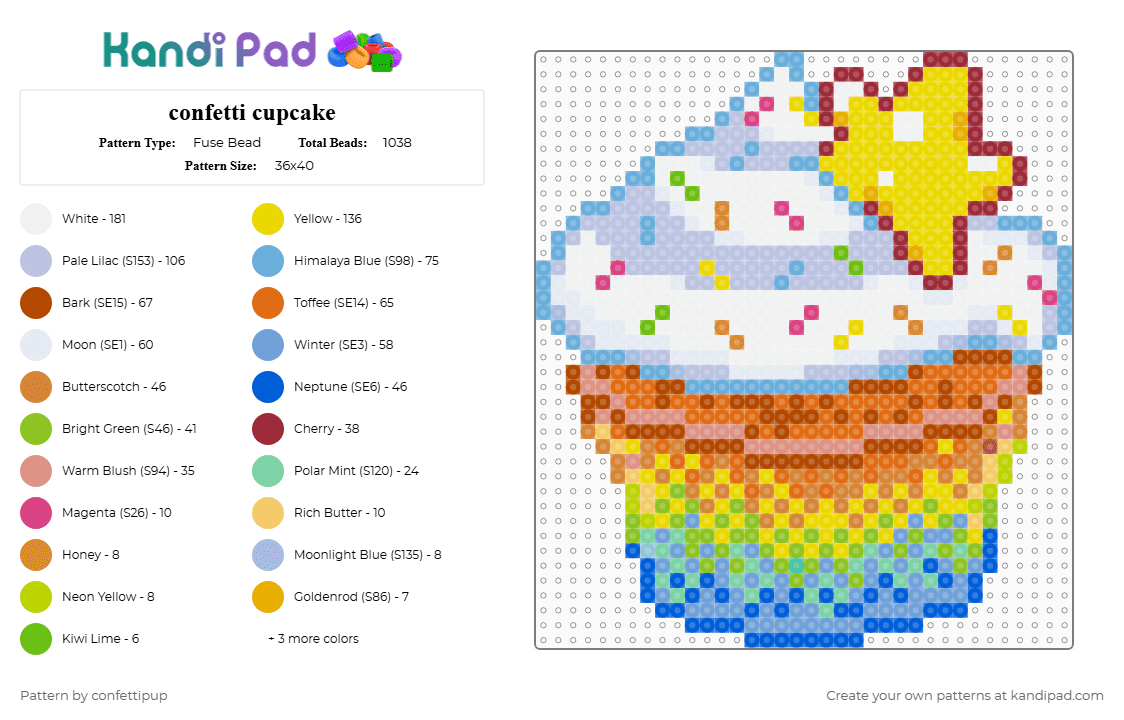 confetti cupcake - Fuse Bead Pattern by confettipup on Kandi Pad - light blue,orange,pink,colorful,sprinkles,cupcake,rainbow,confetti,sweet,food,star,colors