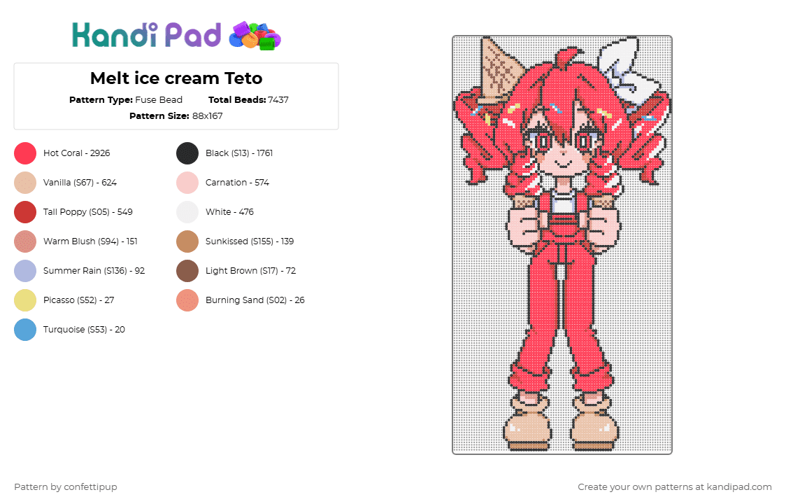 Melt ice cream Teto - Fuse Bead Pattern by confettipup on Kandi Pad - beige,red,teto,teto kasane,utauloid,synthv,vocaloid,characters,ice cream,dessert