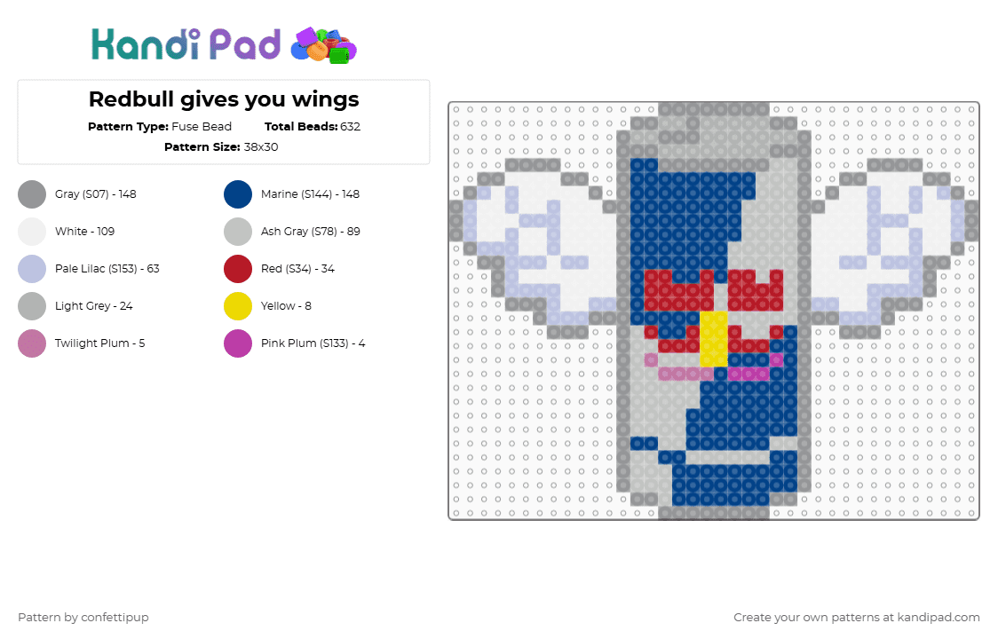 Redbull gives you wings - Fuse Bead Pattern by confettipup on Kandi Pad - beige,gray,blue,redbull,energy,energy drink,drink,red,bull,wings,wing