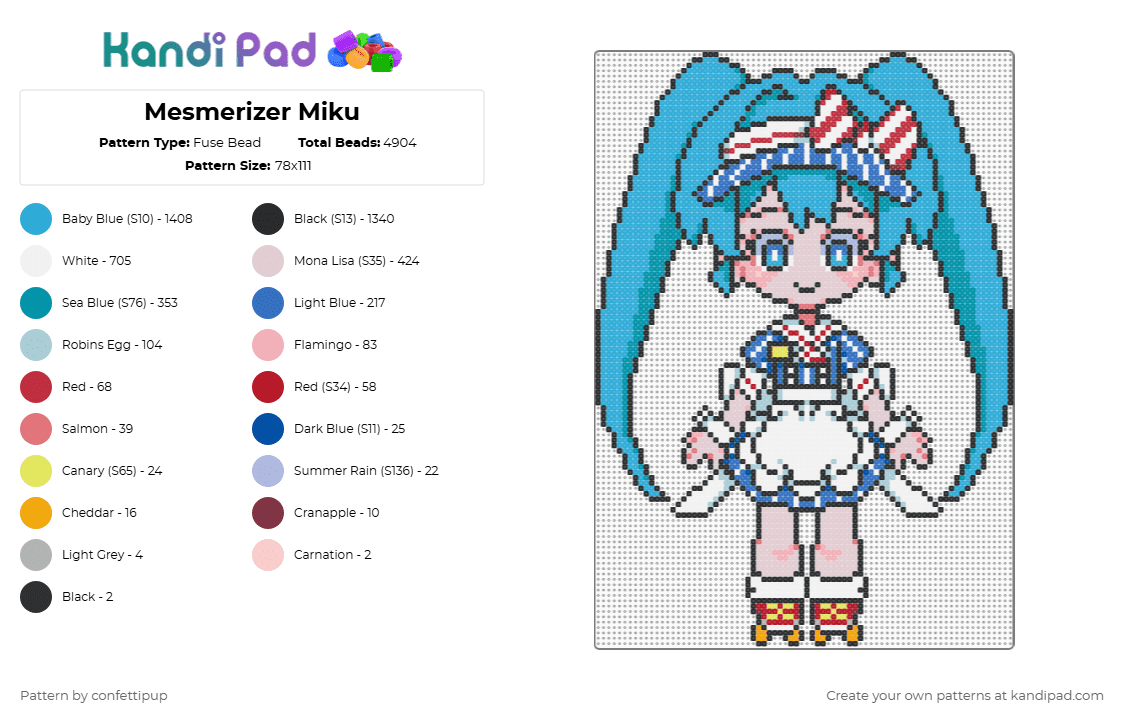 Mesmerizer Miku - Fuse Bead Pattern by confettipup on Kandi Pad - light blue,blue,teal,chibi,anime,character,miku,mesmerizer,hatsune miku,vocaloid,roller blades