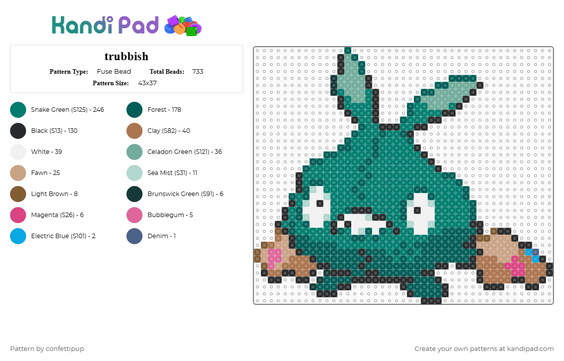 trubbish - Fuse Bead Pattern by confettipup on Kandi Pad - gray,teal,trubbish,pokemon,video games,character,trash,animal,monster,anime