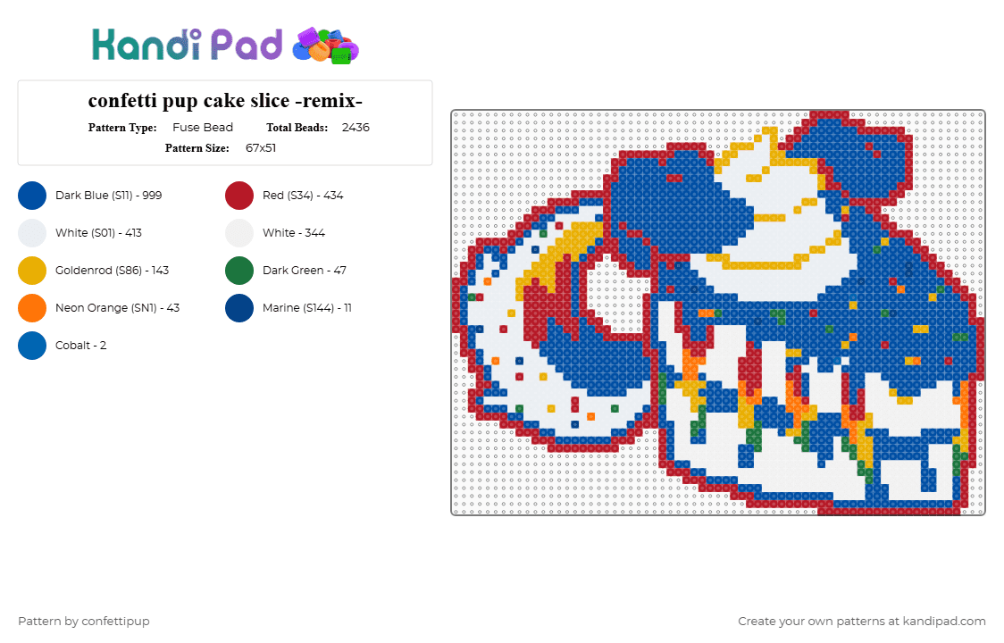 confetti pup cake slice -remix- - Fuse Bead Pattern by confettipup on Kandi Pad - blue,red,cake,sweets,kid core,clown core,fursona,food,sprinkles,icing