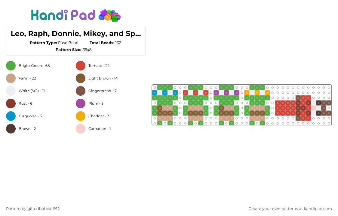 Leo, Raph, Donnie, Mikey, and Splinter (TMNT) - Fuse Bead Pattern by giftedbobcat692 on Kandi Pad - green,tan,red,beige,turtle,simple,small,cartoon