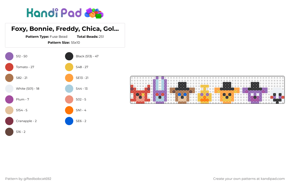 Foxy, Bonnie, Freddy, Chica, Golden Freddy, Shadow Freddy, and The Puppet (FNAF) - Fuse Bead Pattern by giftedbobcat692 on Kandi Pad - yellow,pink,colorful