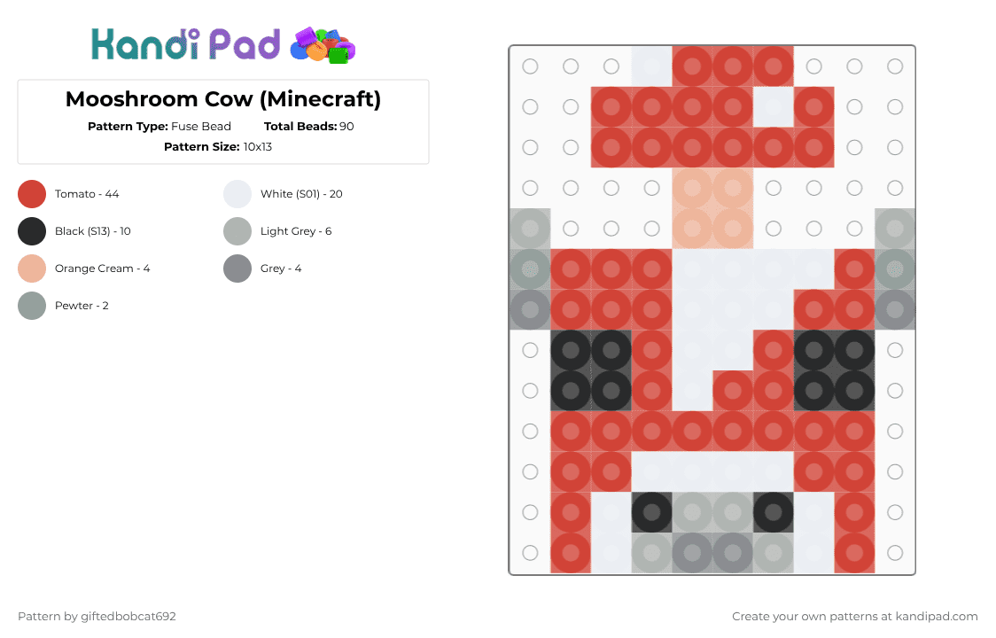 Mooshroom Cow (Minecraft) - Fuse Bead Pattern by giftedbobcat692 on Kandi Pad - red,minecraft,gaming,cartoon,animal,cow,mushroom,simple
