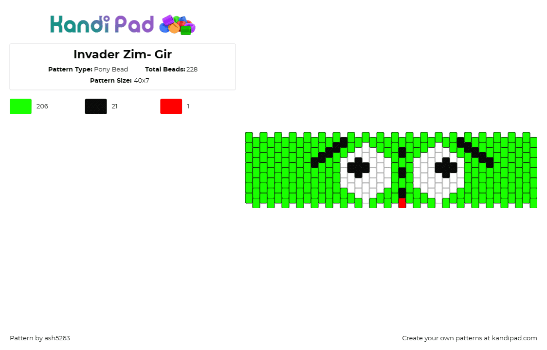 Invader Zim- Gir - Pony Bead Pattern by ash5263 on Kandi Pad - gir,invader zim,character,cute,dog,costume,tv show,cartoon,eyes,cuff,green,white