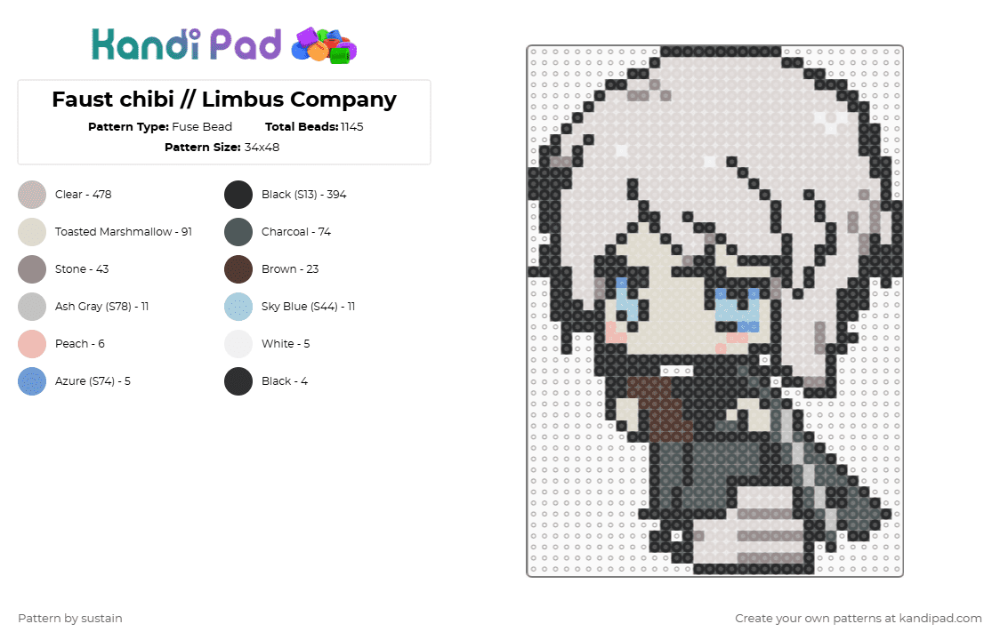 Faust chibi // Limbus Company - Fuse Bead Pattern by sustain on Kandi Pad - beige,faust,limbus company,chibi,project moon