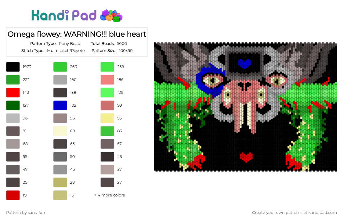 Omega flowey: WARNING!!! blue heart - Pony Bead Pattern by sans_fan on Kandi Pad - black, gray, green, red
