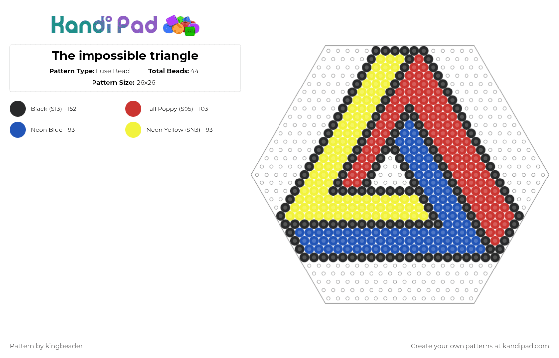 The impossible triangle - Fuse Bead Pattern by sans_fan on Kandi Pad - triangle,geometric,optical illusion,blue,red,yellow,cotdillusion