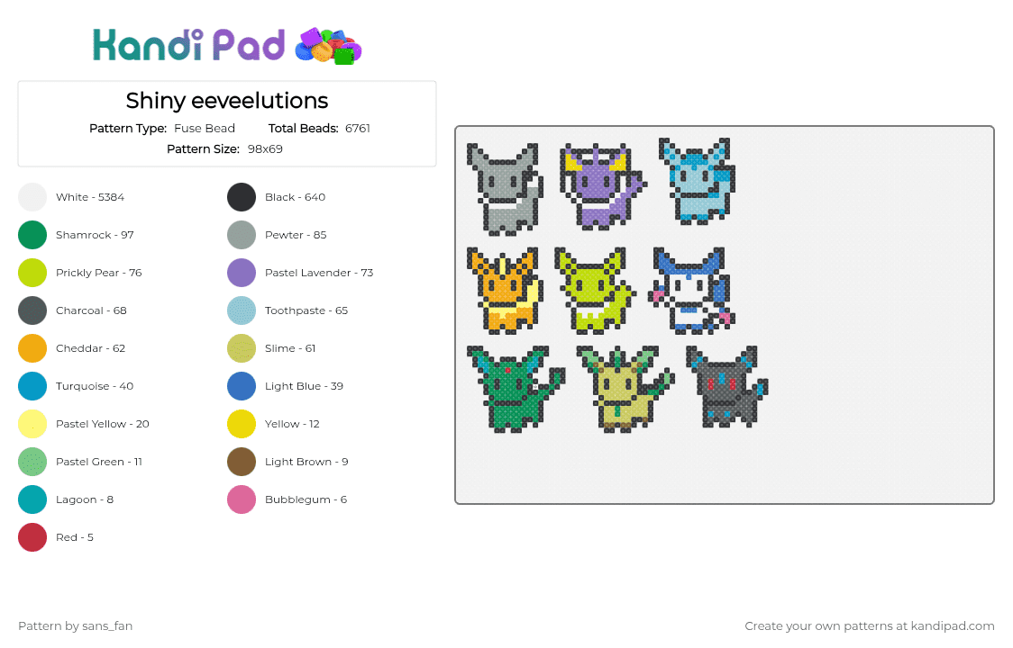 Shiny eeveelutions - Fuse Bead Pattern by sans_fan on Kandi Pad - white,gray,green,colorful